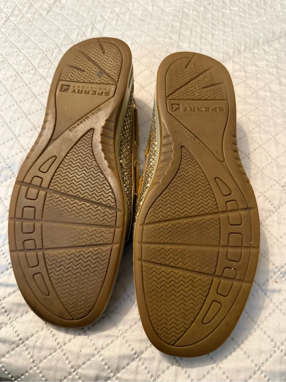 Sperry Tan Leather Moccasin Boat Shoes with Gold Glitter Panels - Women's